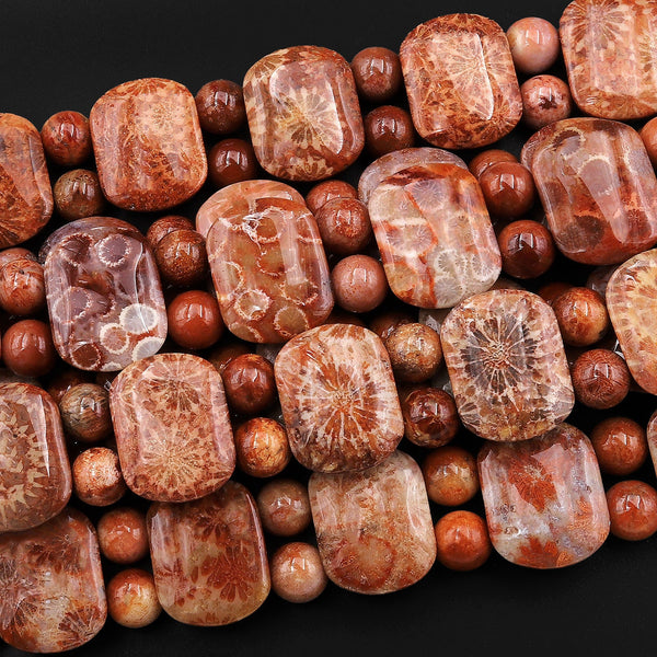 Double Drilled Natural Red Fossil Coral 20x15mm Rectangle Bracelet Gemstone Beads 8" Strand