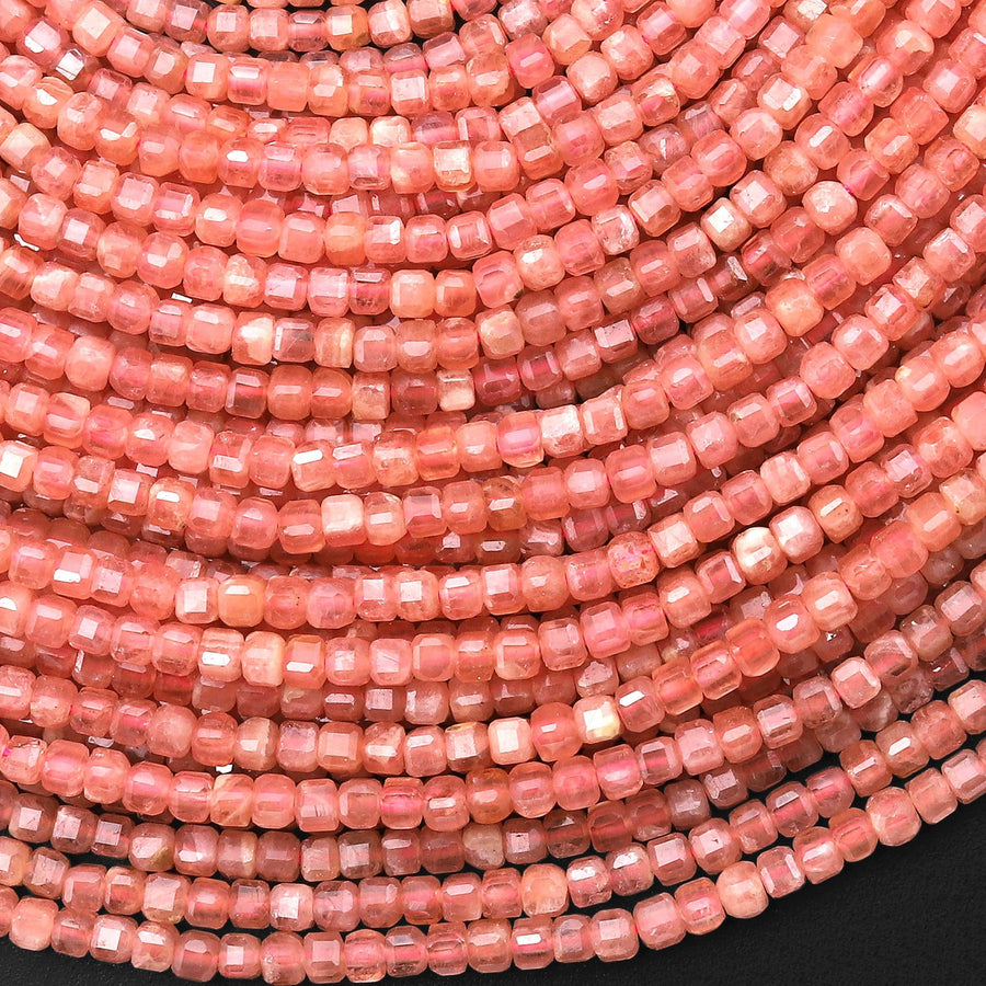 AAA Natural Rhodochrosite Faceted 2mm 3mm Cube Square Dice Beads Extra Translucent Gemstone 15.5" Strand