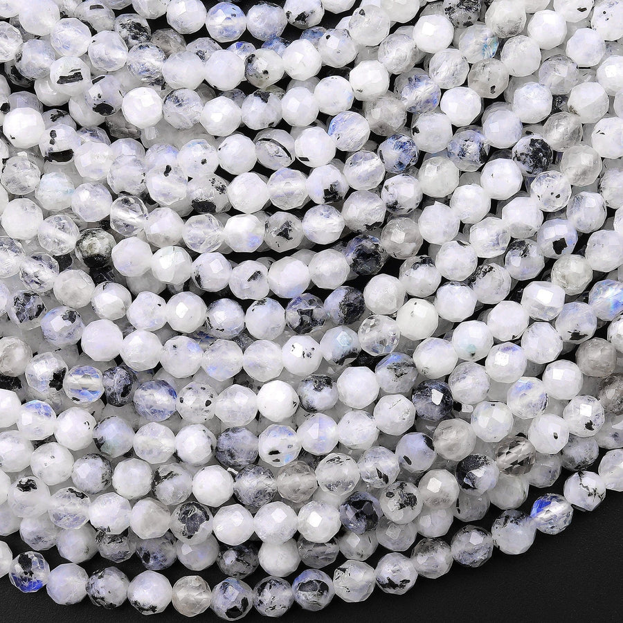 Faceted Natural Rainbow Moonstone W/ Black Tourmaline Matrix Round Beads 2mm 4mm 15.5" Strand