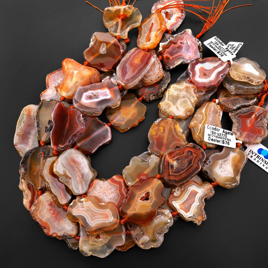 Rare Natural Orange Red Condor Agate Beads Smooth Flat Freeform Geode Slice 15.5" Strand