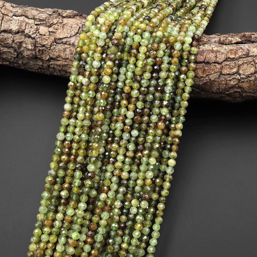 Faceted Natural Green Garnet 4mm Round Beads Gemstone 15.5" Strand