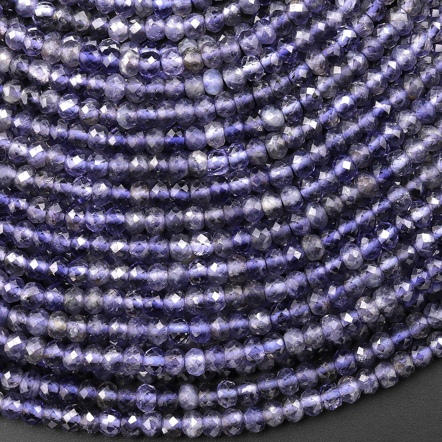 AAA Natural Blue Iolite Faceted 3mm 4mm Rondelle Beads Genuine Real Gemstone 15.5" Strand