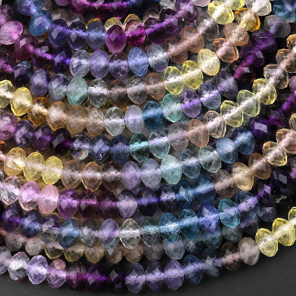 AAA Natural Multicolor Fluorite Faceted 6mm Rondelle Beads Micro Laser Cut Purple Yellow Green Gemstone 15.5" Strand