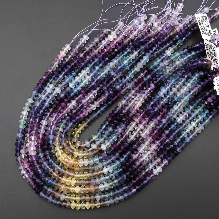 AAA Natural Multicolor Fluorite Faceted 6mm Rondelle Beads Micro Laser Cut Purple Yellow Green Gemstone 15.5" Strand