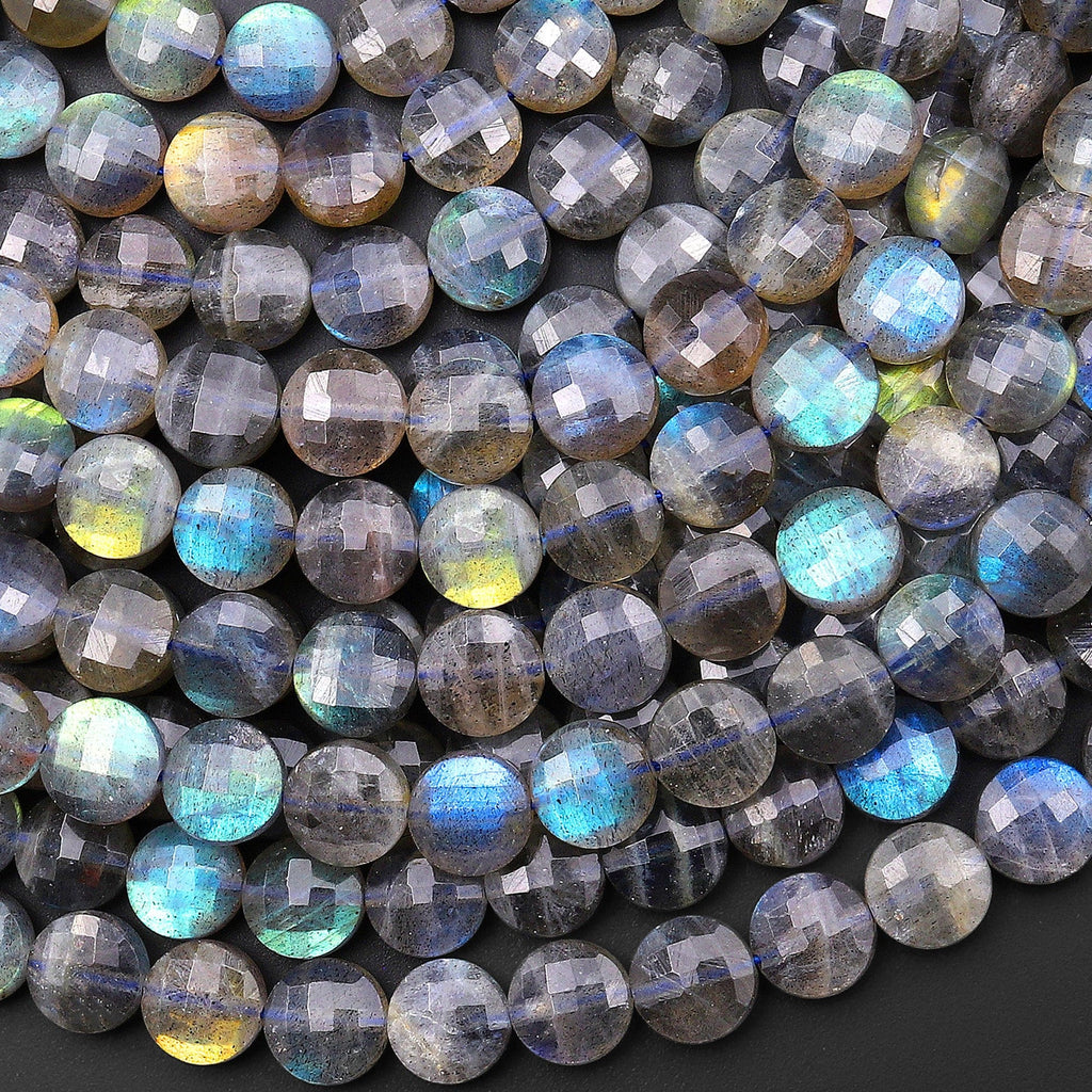 AAA Faceted 4mm 6mm 8mm Labradorite Coin Beads Flat Disc Dazzling Facets Natural Gemstone 15.5" Strand