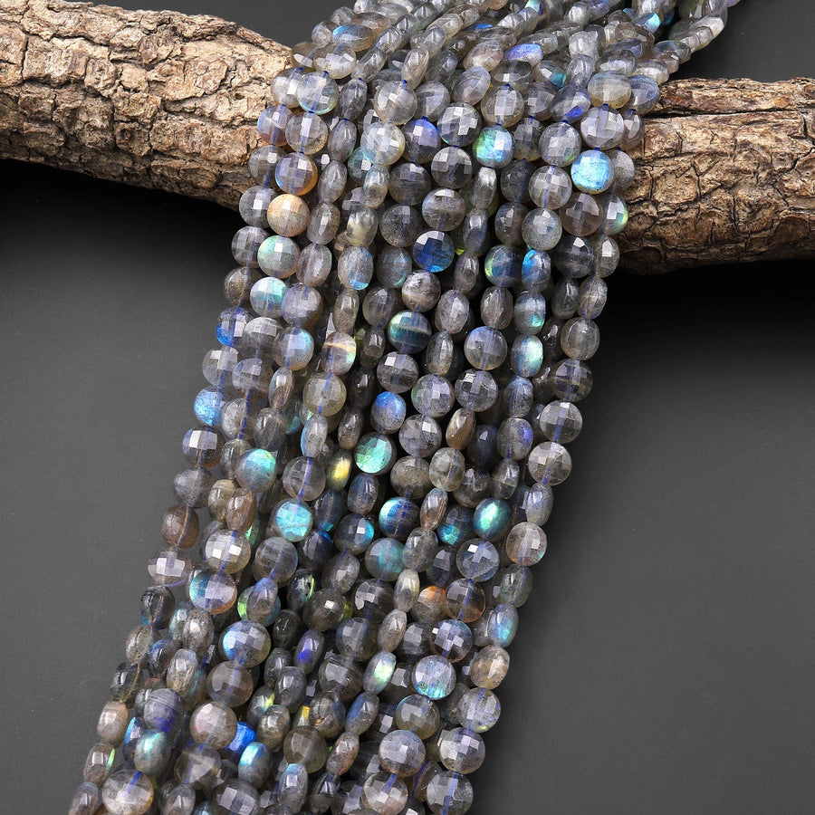 AAA Faceted 4mm 6mm 8mm Labradorite Coin Beads Flat Disc Dazzling Facets Natural Gemstone 15.5" Strand