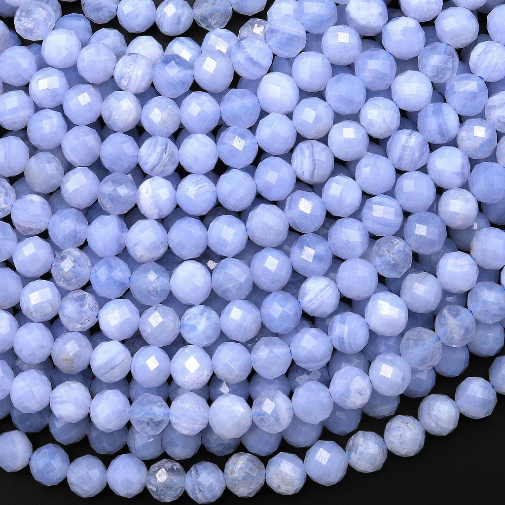 AAA Faceted Natural Blue Lace Agate 4mm 6mm Round Beads Blue Chalcedony 15.5" Strand