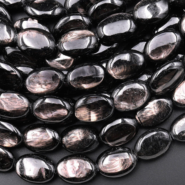 AAA Genuine Natural Hypersthene Puffy Oval Beads Flashy Chatoyant Gemstone 15.5" Strand