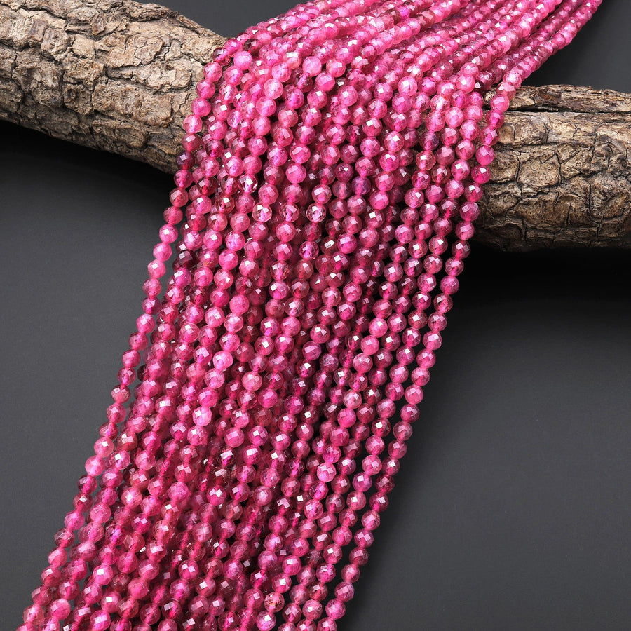 AAA Faceted Natural Fuchsia Pink Tourmaline 4mm Round Beads Gemstone 15.5" Strand