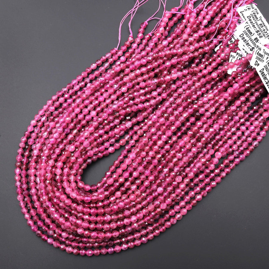 AAA Faceted Natural Fuchsia Pink Tourmaline 4mm Round Beads Gemstone 15.5" Strand