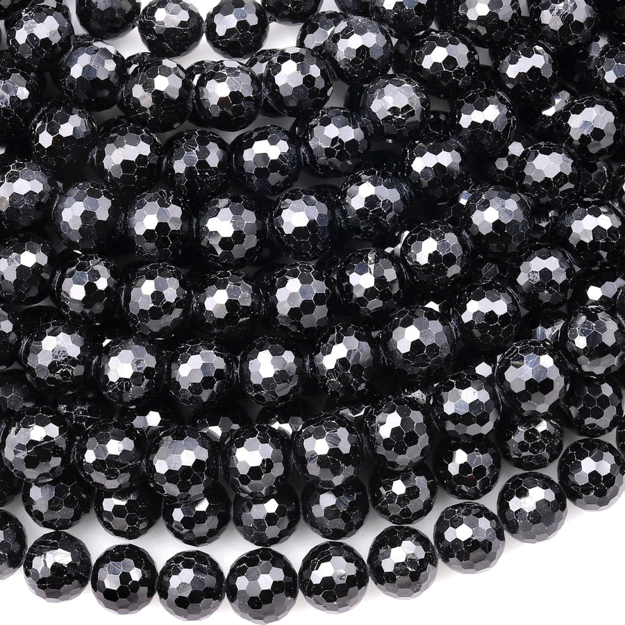 AAA Faceted Natural Black Tourmaline Beads 6mm 8mm Round Beads Sparkling Black Gemstone 15.5" Strand