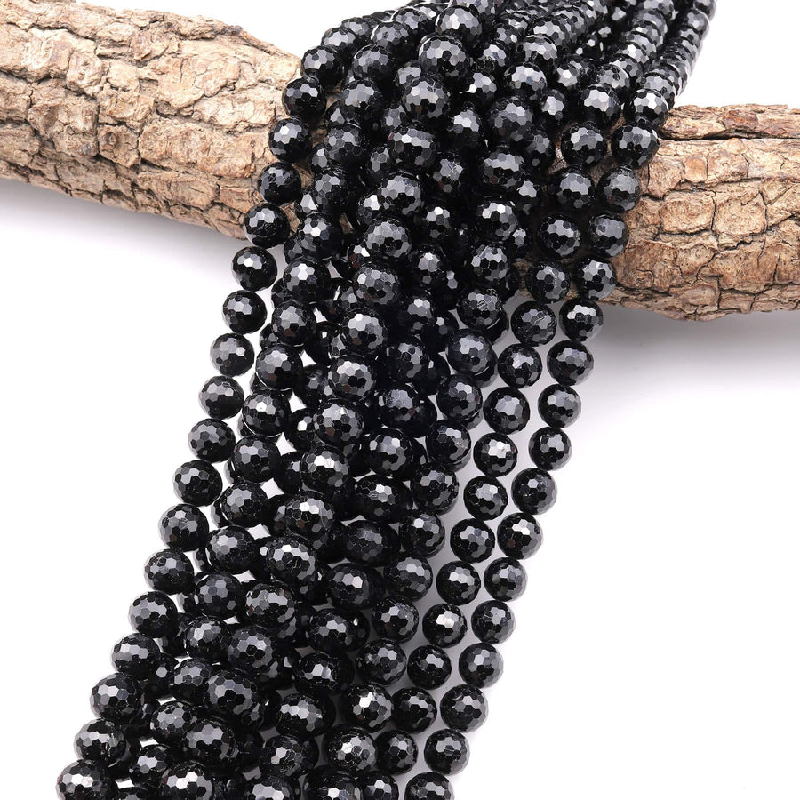 AAA Faceted Natural Black Tourmaline Beads 6mm 8mm Round Beads Sparkling Black Gemstone 15.5" Strand