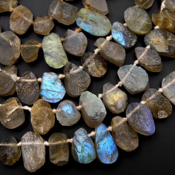 Rough Raw Natural Labradorite Beads Freeform Top Side Drilled Teardrop Petal Designer Beads Matte Organic Cut 15.5" Strand