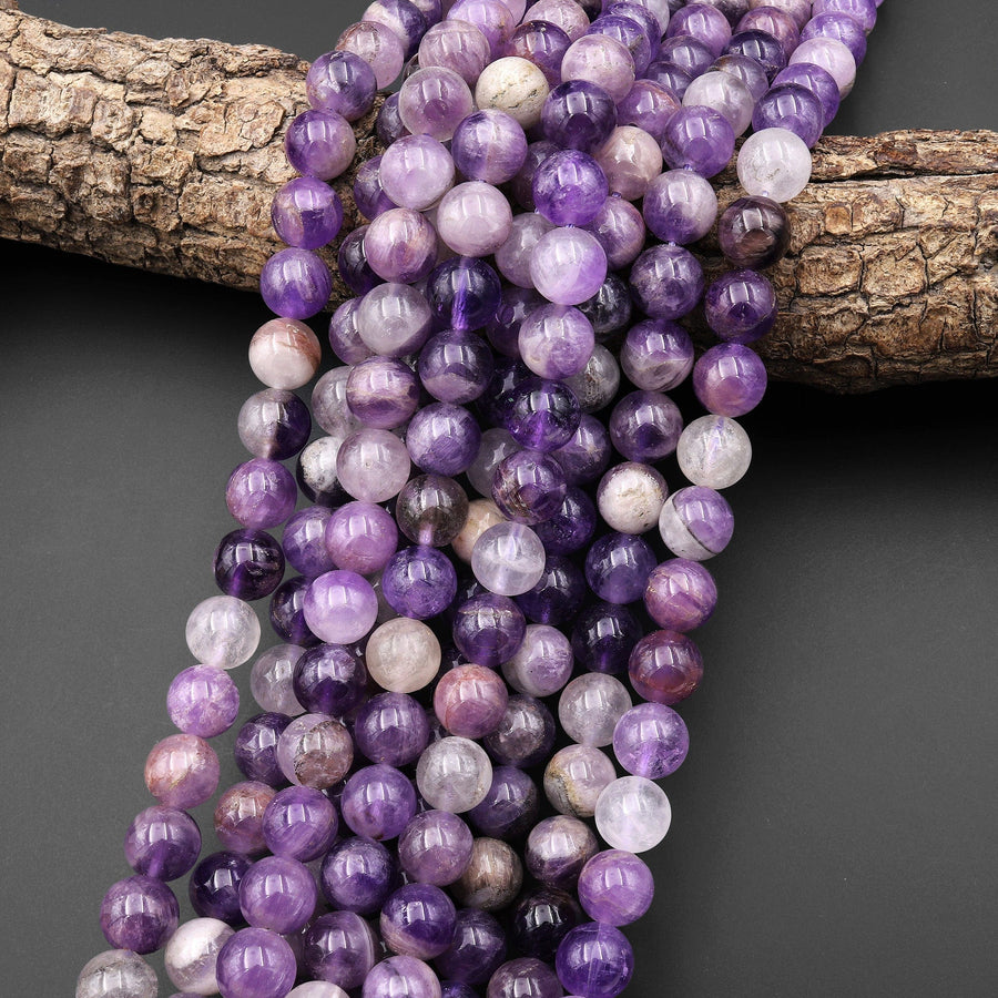 Natural Chevron Amethyst 10mm Round Beads Natural Purple White Amethyst Aka Flower Amethyst 16" Strand