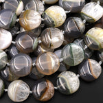 Rare Natural Phantom Agate Coin Beads 15mm 18mm 20mm Smooth Puffy Coin Earthy Gray Brown Peach Green Crystal 15.5" Strand
