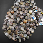 Rare Natural Phantom Agate Coin Beads 15mm 18mm 20mm Smooth Puffy Coin Earthy Gray Brown Peach Green Crystal 15.5" Strand