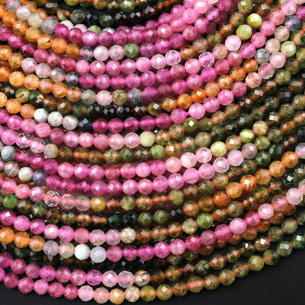 AAA Faceted Natural Multicolor Tourmaline Round Beads 3mm 4mm Translucent Pink Green Golden Yellow Gradient Shades 15.5" Strand