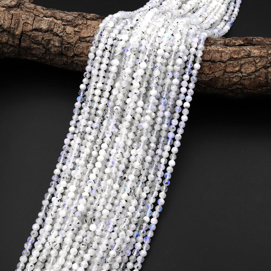 Micro Faceted Natural Rainbow Moonstone Round Beads 2mm 4mm 15.5" Strand