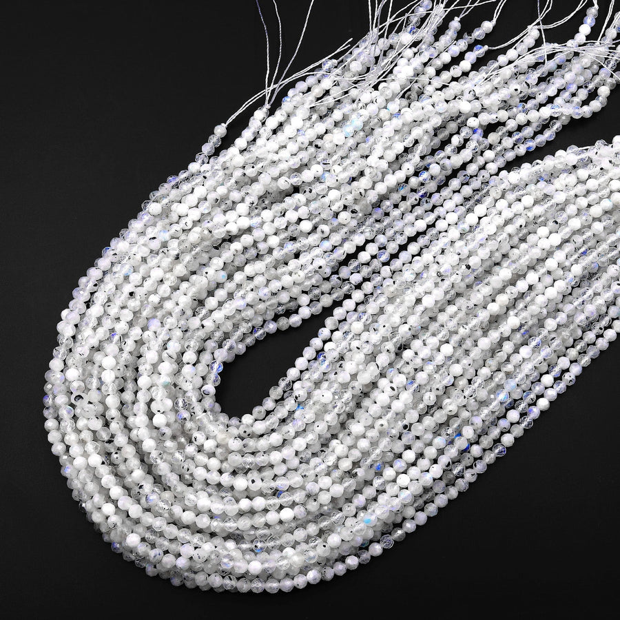 Micro Faceted Natural Rainbow Moonstone Round Beads 2mm 4mm 15.5" Strand