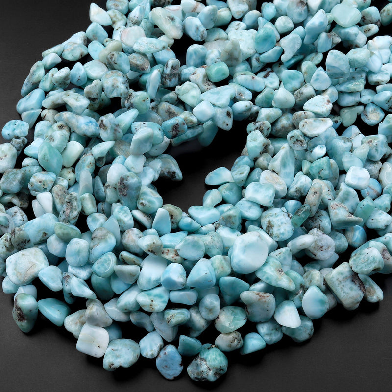 Natural Blue Larimar Beads Freeform Teardrop Pebble Nuggets From Dominican Republic 15.5" Strand