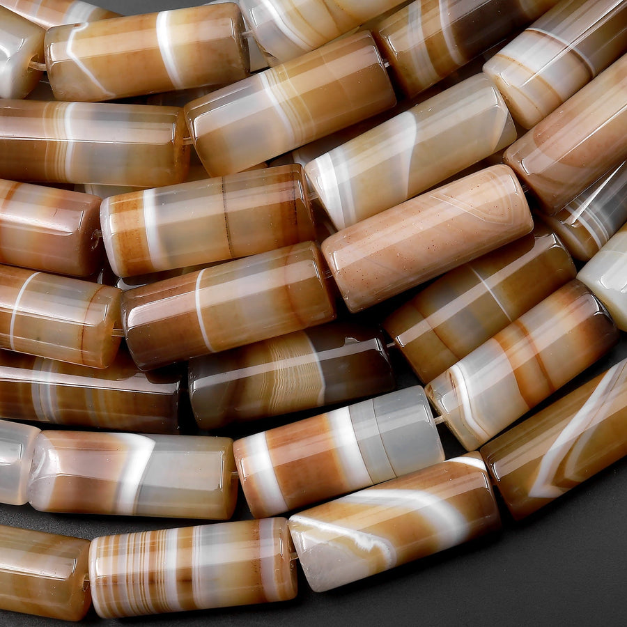 Natural Tibetan Agate Beads Highly Polished Smooth Long Drum Barrel Tube Nuggets Amazing Veins Bands Stripes Brown White Agate 15.5" Strand