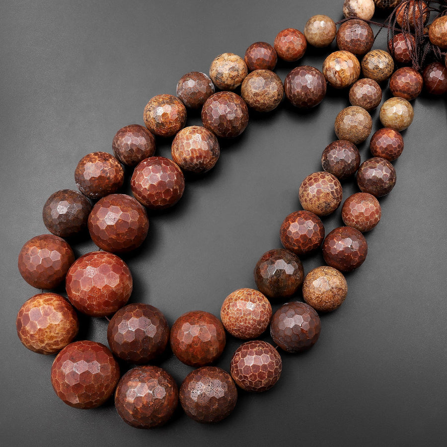 Faceted Natural Indonesian Fossil Coral Round Beads Large Graduated Orange Red Coral 15.5" Strand