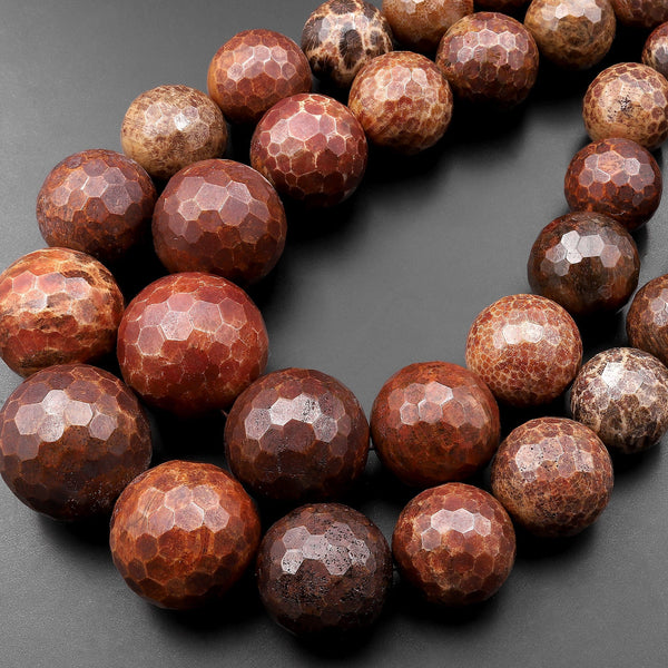 Faceted Natural Indonesian Fossil Coral Round Beads Large Graduated Orange Red Coral 15.5" Strand