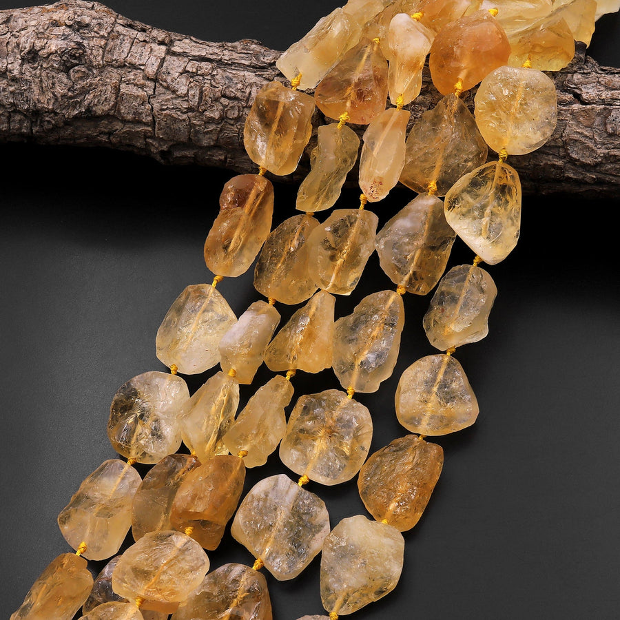 Natural Rough Raw Golden Yellow Citrine Beads Nuggets Freeform Hand Hammered Nugget 15.5" Strand