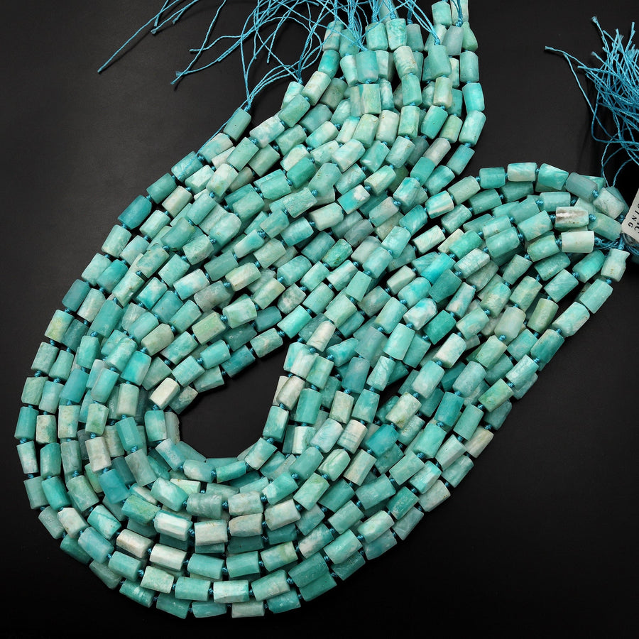 Natural Peruvian Amazonite Beads Faceted Matte Tube Stunning Aqua Blue Green Gemstone 15.5" Strand