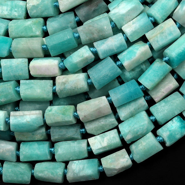 Natural Peruvian Amazonite Beads Faceted Matte Tube Stunning Aqua Blue Green Gemstone 15.5" Strand
