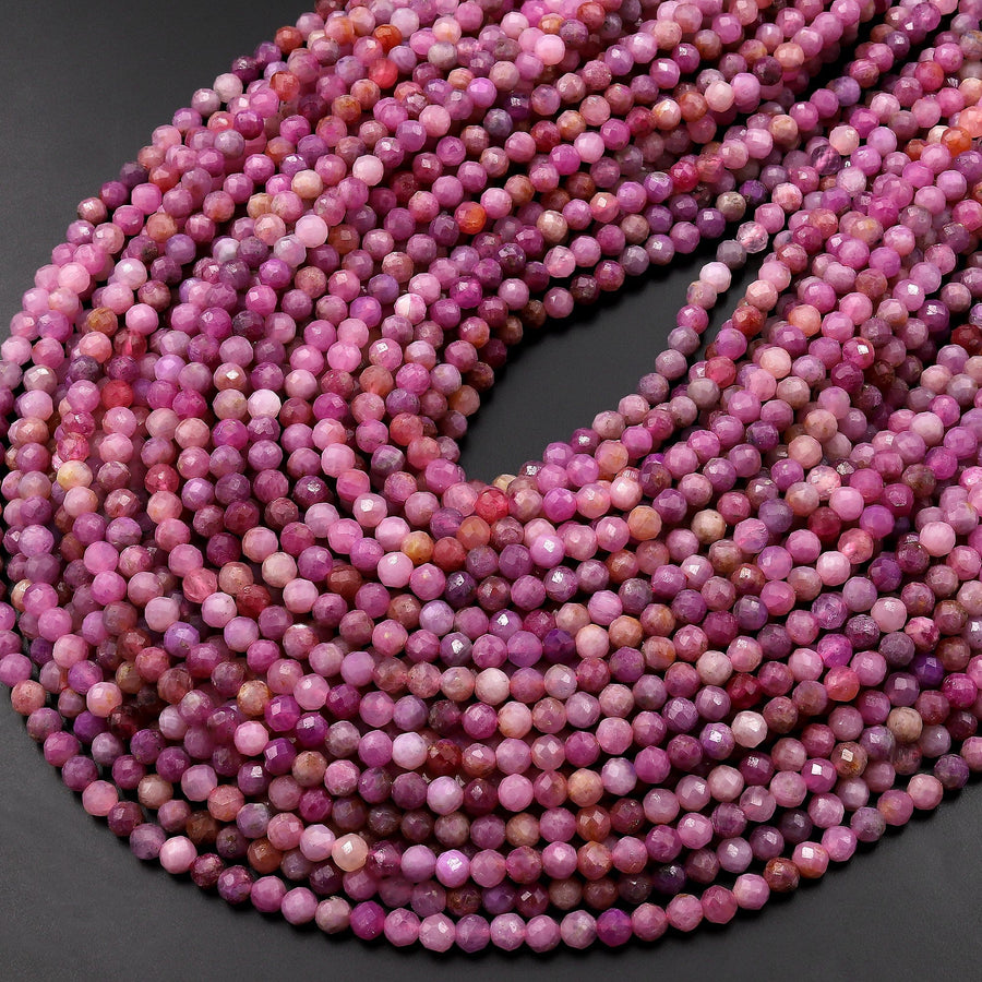 Genuine Natural Ruby Faceted 2mm 3mm 4mm Round Beads Gemstone Micro Diamond Cut 15.5" Strand
