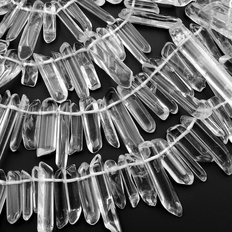 Natural Rock Crystal Quartz Beads Points Tips Top Drilled Natural Quartz Crystal Thin Small Sticks Spikes Freeform Raw Stone 16" Strand