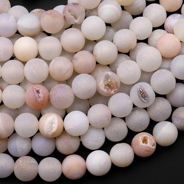 Matte Natural White Peach Druzy Agate 8mm 10mm Round Beads With Sparkling Quartz Crystal Cave 15.5" Strand