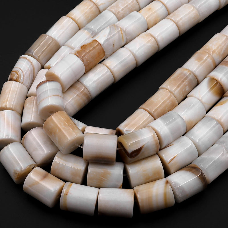 Large Natural Tibetan Agate Beads Highly Polished Smooth Cylinder Tube Amazing Creamy Taupe Veins Bands Stripes 15.5" Strand