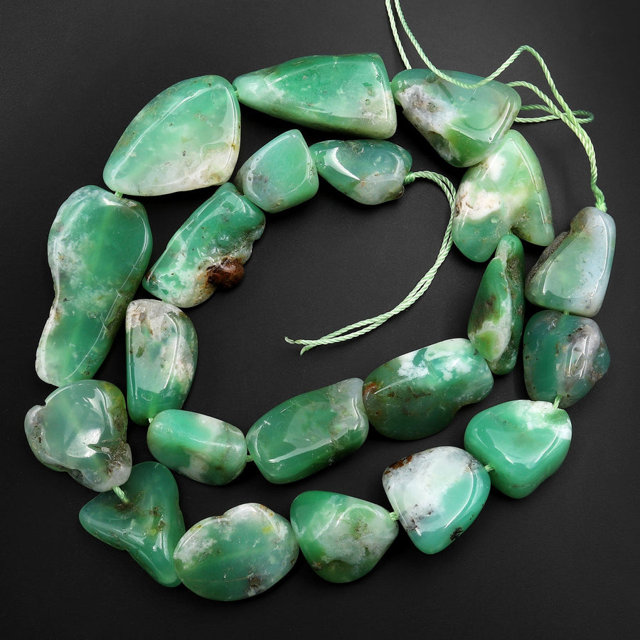 Large Natural Australian Green Chrysoprase Nugget Freeform Focal Beads Pendant 15.5" Strand
