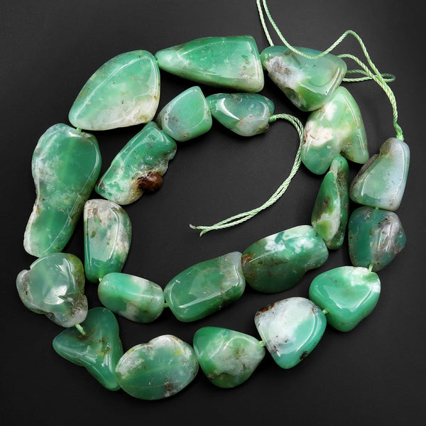 Large Natural Australian Green Chrysoprase Nugget Freeform Focal Beads Pendant 15.5" Strand