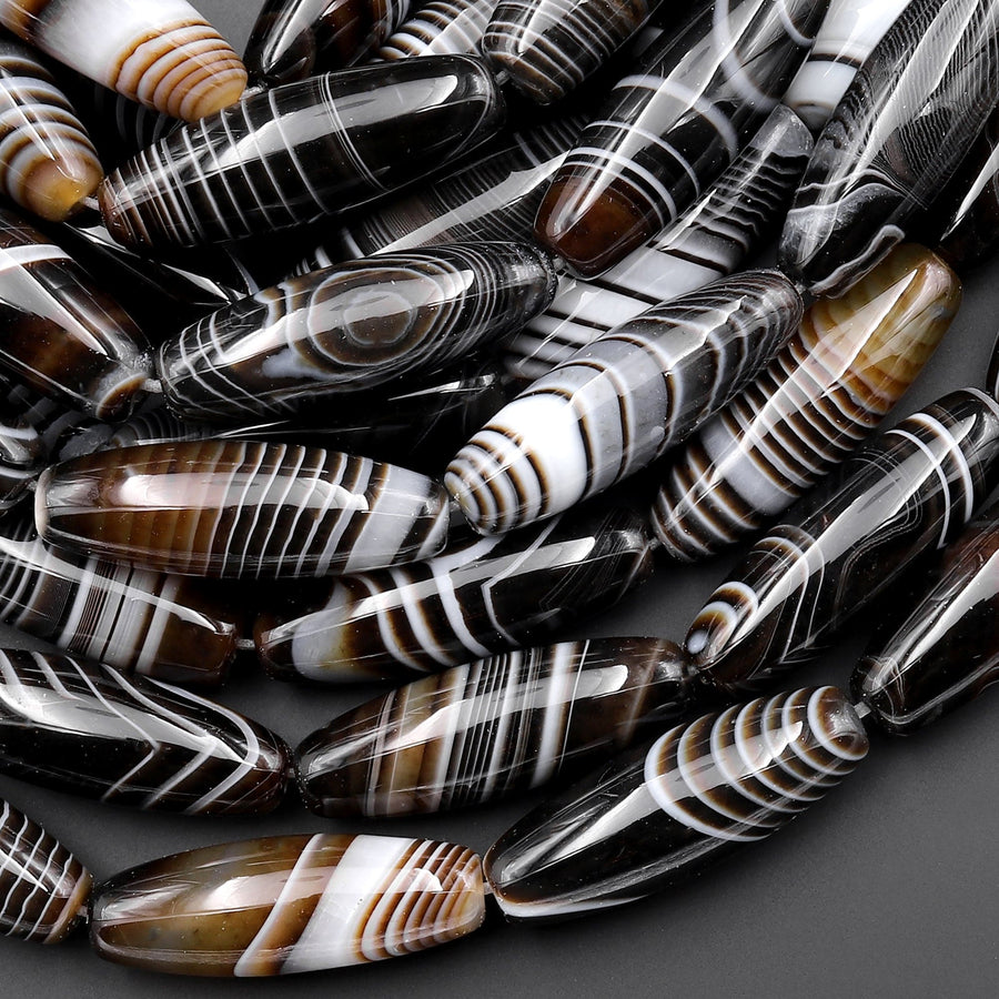 Natural Tibetan Agate Beads Highly Smooth Long Drum Barrel Tube 30mm Amazing Veins Bands Stripes Brown White Black 16" Strand