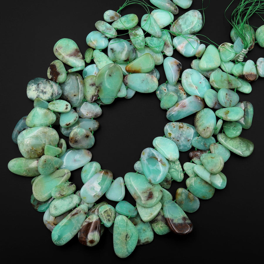 Large Natural Australian Seafoam Green Chrysoprase Beads Freeform Teardrop Focal Pendant Side Drilled Gemstone 15.5" Strand
