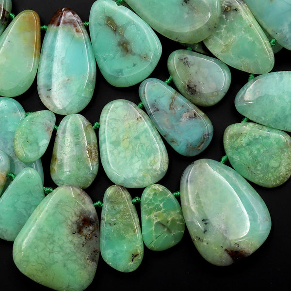 Large Natural Australian Seafoam Green Chrysoprase Beads Freeform Teardrop Focal Pendant Side Drilled Gemstone 15.5" Strand