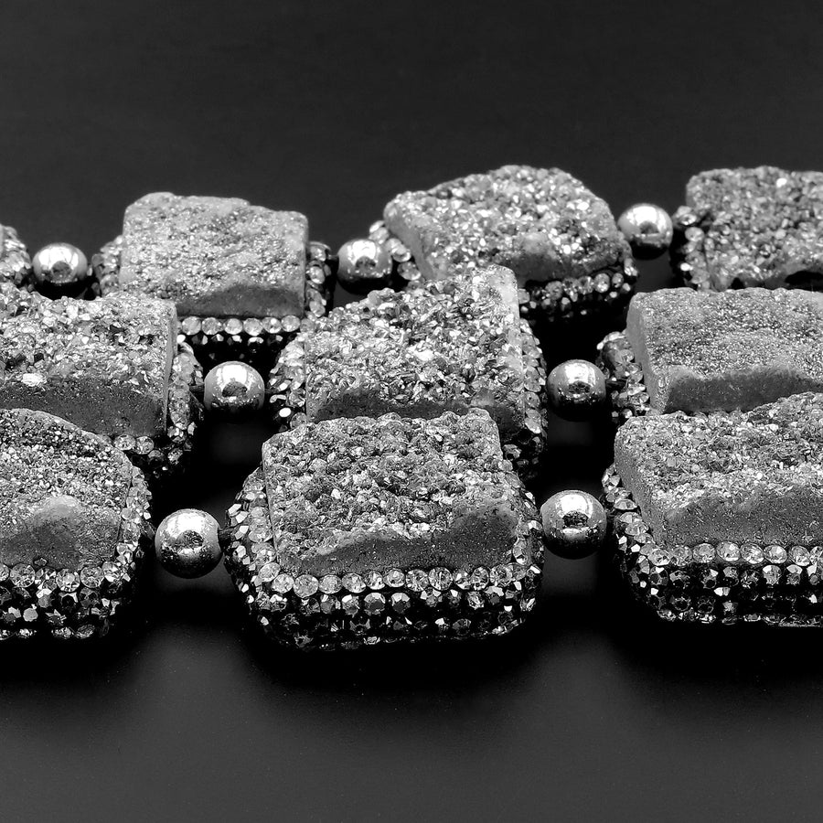 Natural Mystic Silver Agate Druzy Drusy Beads 20mm Square Rhinestone Inlay 6" Strand