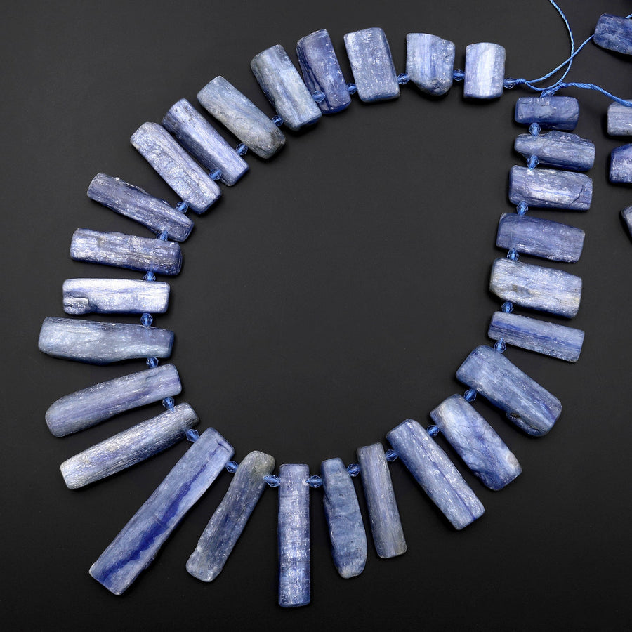 Side Drilled Raw Natural Blue Kyanite Long Rectangle Bead Focal Pendant 15.5" Strand