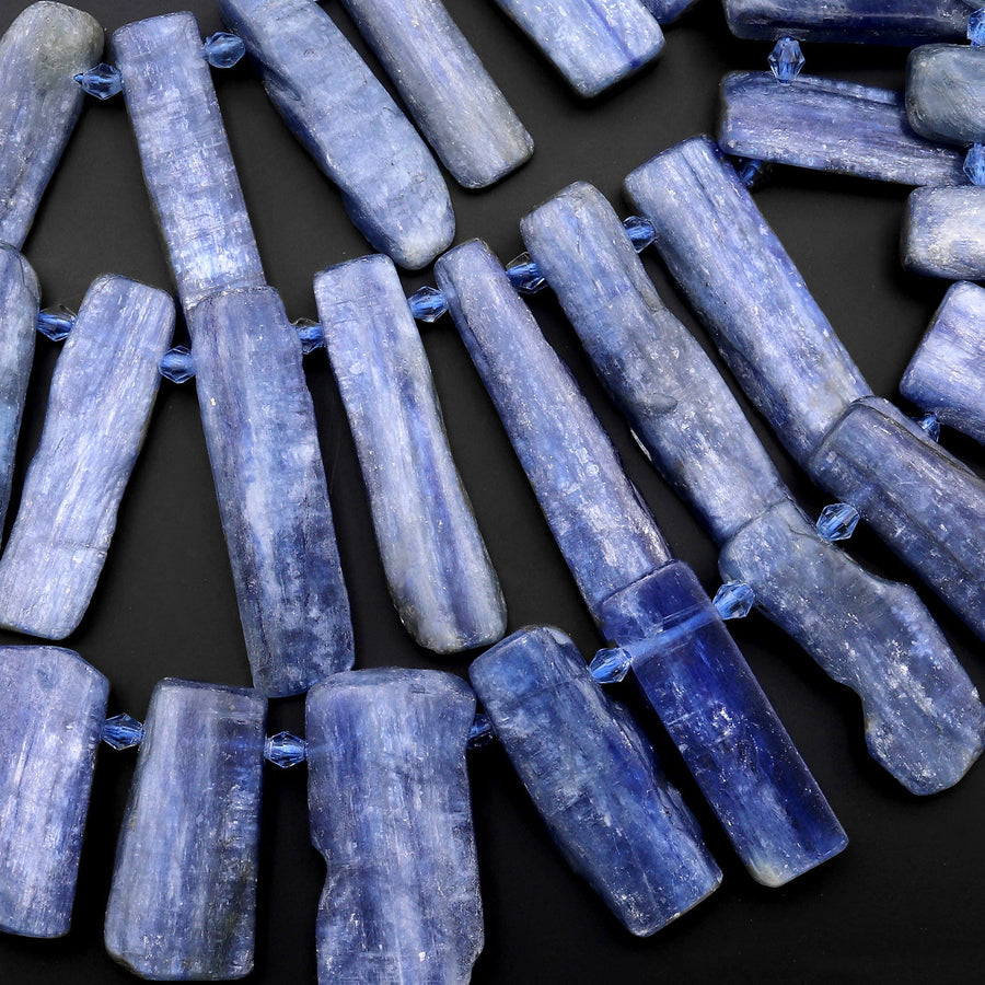 Side Drilled Raw Natural Blue Kyanite Long Rectangle Bead Focal Pendant 15.5" Strand