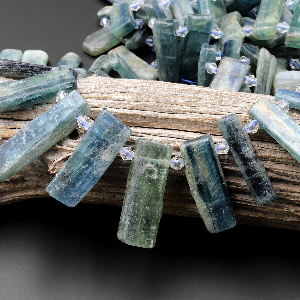 Side Drilled Raw Natural Bicolor Teal Green Blue Kyanite Long Rectangle Bead Focal Pendant 15.5" Strand