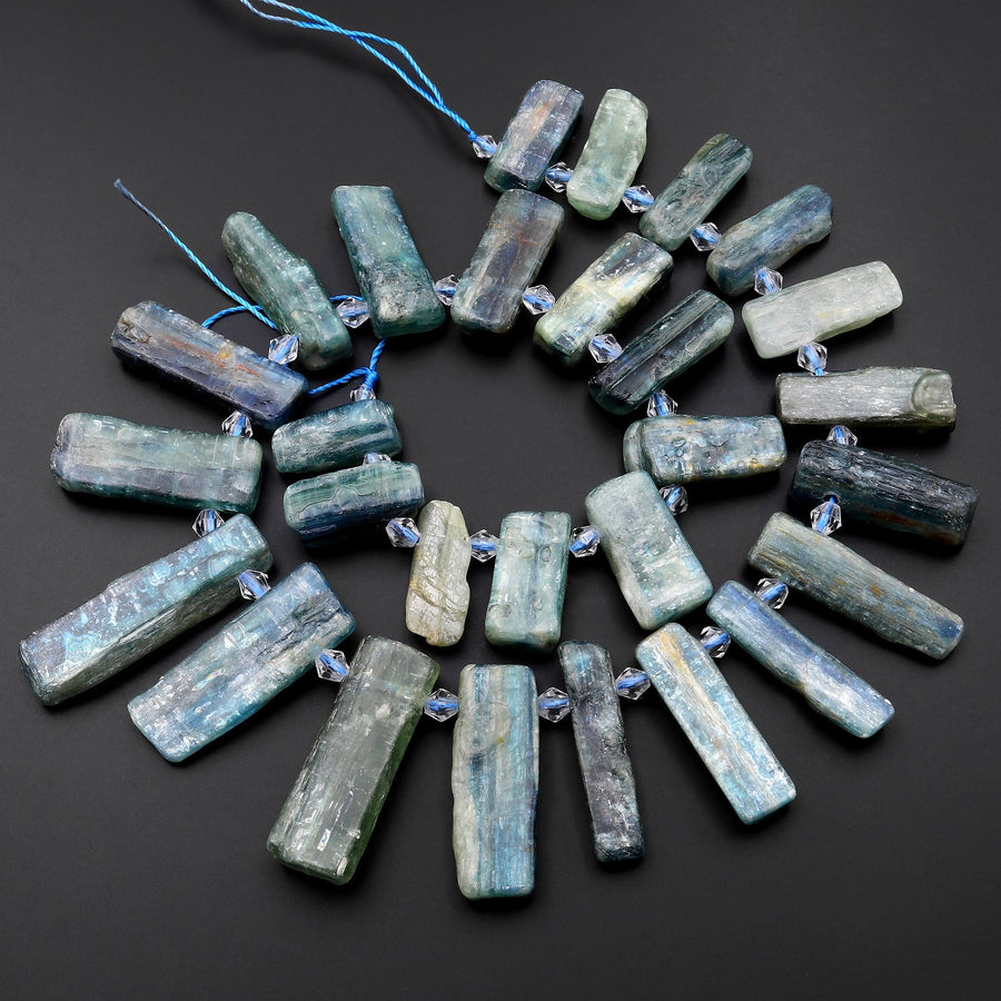 Side Drilled Raw Natural Bicolor Teal Green Blue Kyanite Long Rectangle Bead Focal Pendant 15.5" Strand