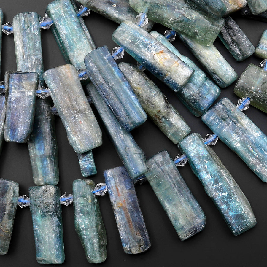 Side Drilled Raw Natural Bicolor Teal Green Blue Kyanite Long Rectangle Bead Focal Pendant 15.5" Strand