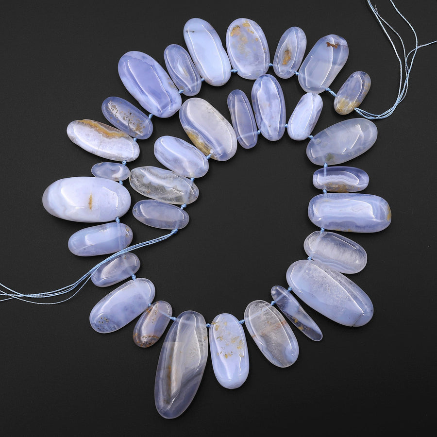 Natural Blue Chalcedony Freeform Long Oval Beads One of a Kind 15.5" Strand