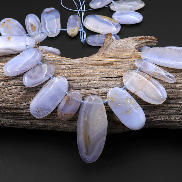 Natural Blue Chalcedony Freeform Long Oval Beads One of a Kind 15.5" Strand