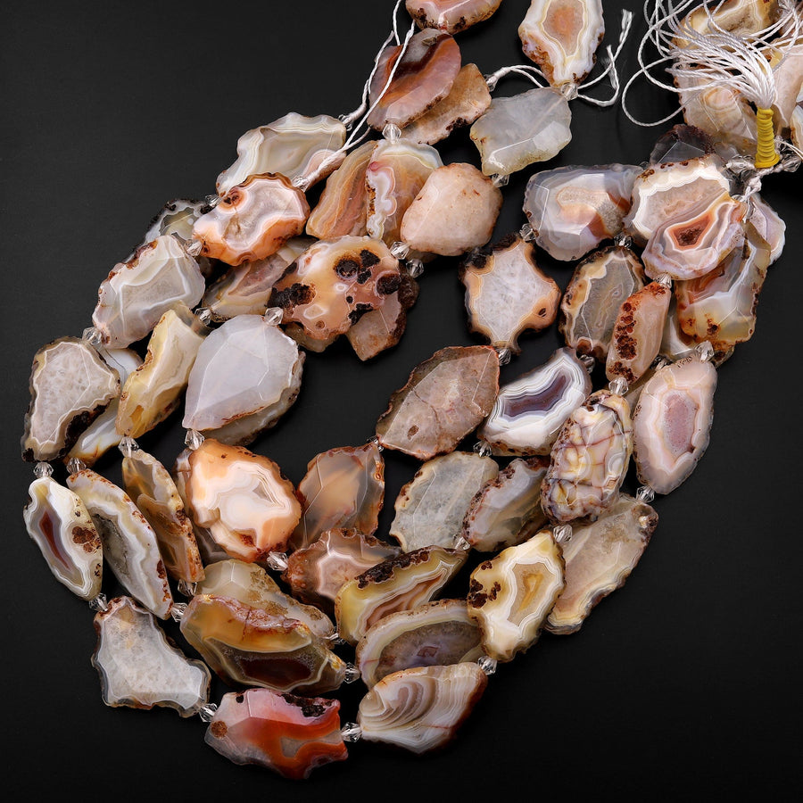 Rare Natural Condor Agate Beads Large Faceted Slice Slab Focal Pendant Quality Freeform Unique Organic Irregular Geode Shape 15.5" Strand