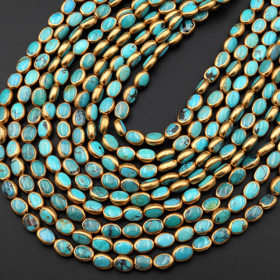 Genuine Natural Turquoise Gold Copper Edging Oval Beads Choose from 5pcs, 10pcs 15.5" Strand