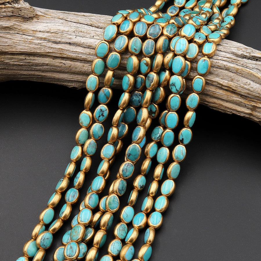 Genuine Natural Turquoise Gold Copper Edging Oval Beads Choose from 5pcs, 10pcs 15.5" Strand